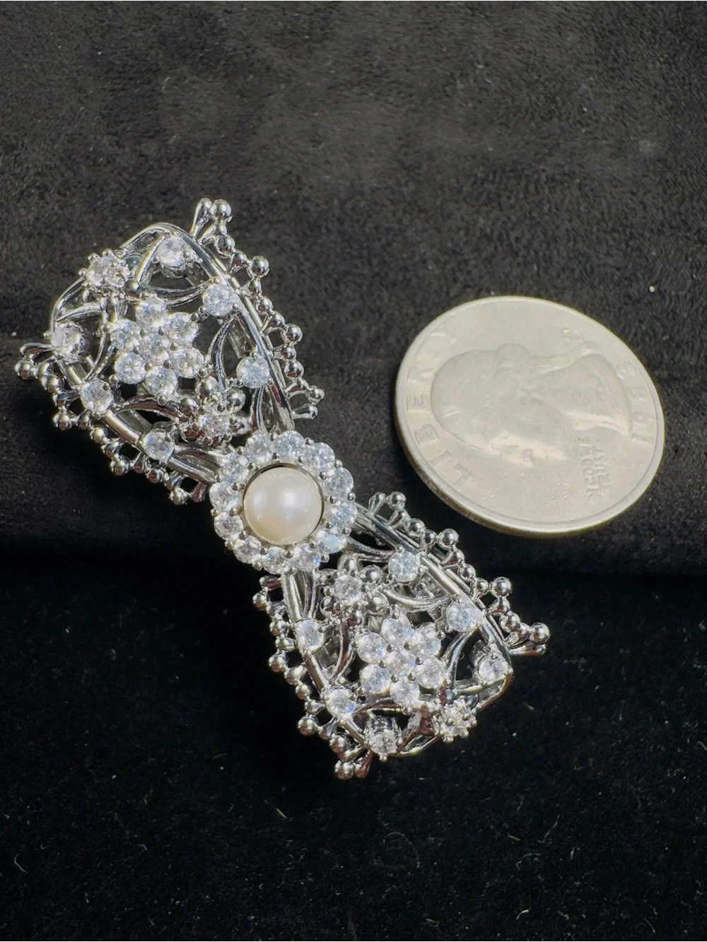 Silver Pearl & Crystal Bow Hair Clip- Women's Jewelry